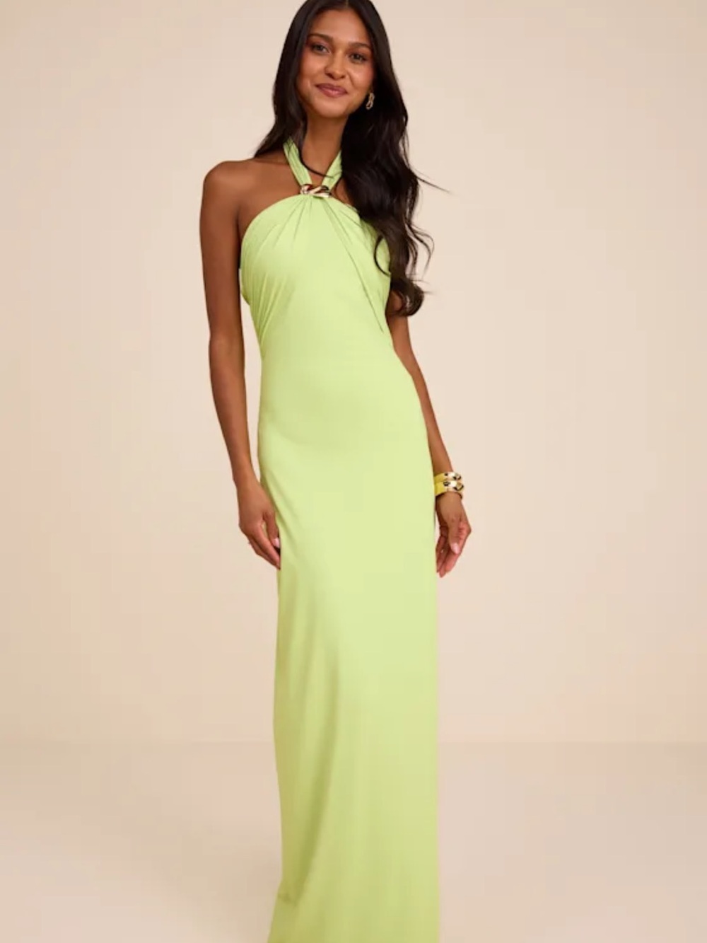 Lulus Pauline Lime Green Jersey Knit Halter Maxi Dress